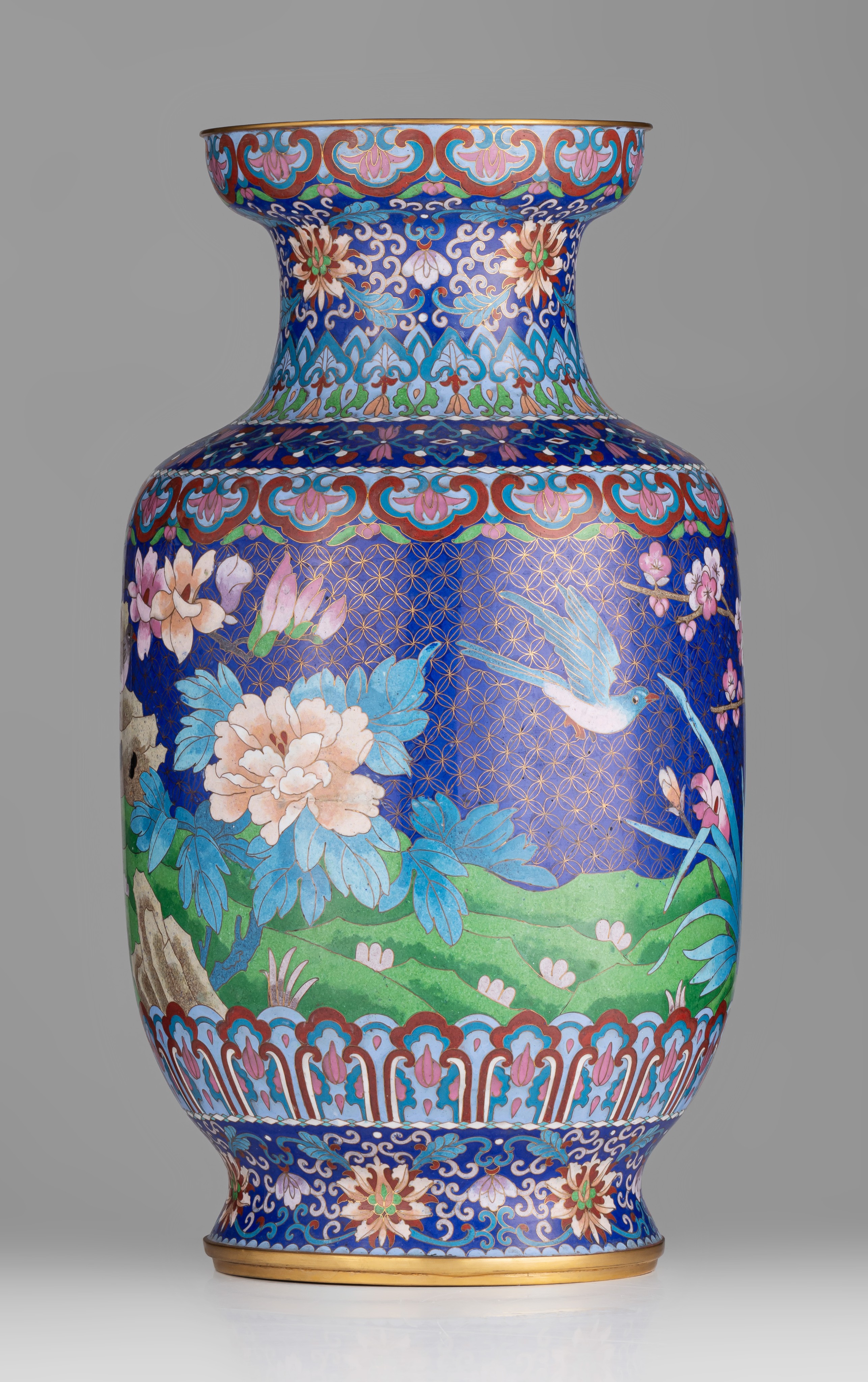 A pair of Chinese cloisonné enamelled 'Birds and peonies' bronze vases, 20thC, H 51,5 cm - Image 9 of 14