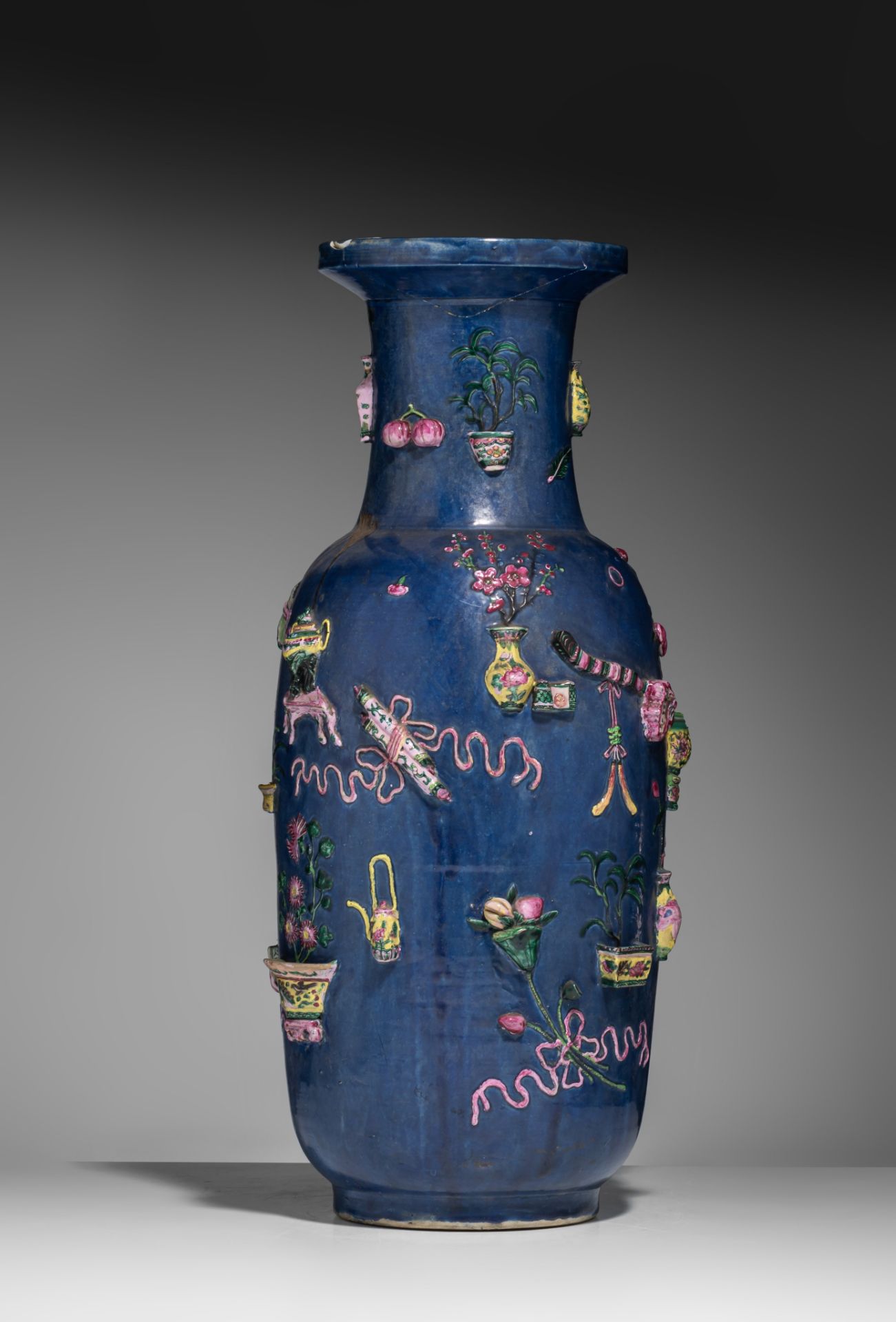 A Chinese blue ground 'One Hundred Treasures' vase, 19thC, H 60,8 cm - Image 6 of 10