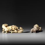 Two Japanese ivory okimono of wild animals, Edo/Meiji period, 144g - 156g (+)