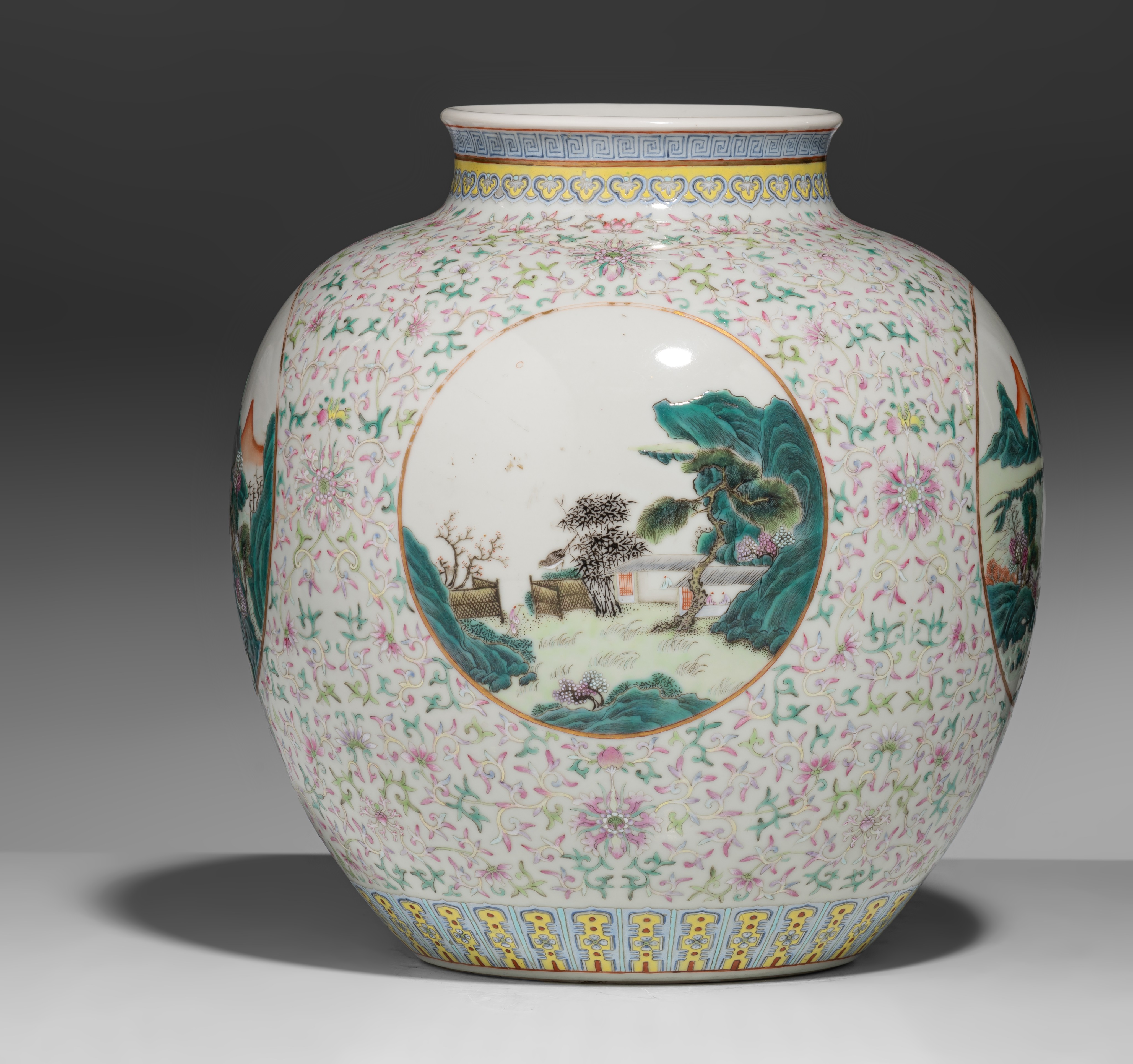 A Chinese famille rose 'Lotus scroll' zun vase, with a Qianlong mark, 19thC, H 25 - ø 23 cm - Image 3 of 8