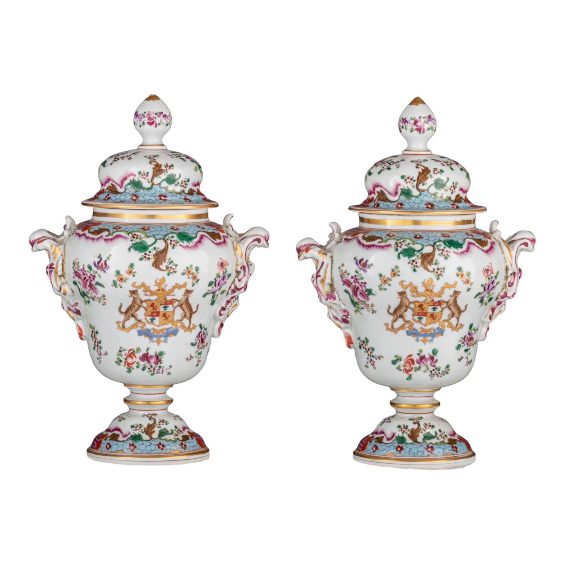 A pair of Samson armorial vases and a matching dish depicting a bird cage, H 34 - ø 23 cm - Image 2 of 15