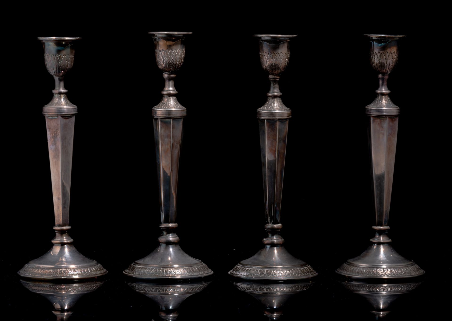 A set of four Neoclassical silver candlesticks by Albert Charlent, Brussels, 20thC, 835/000 H 32,5 - - Bild 4 aus 11