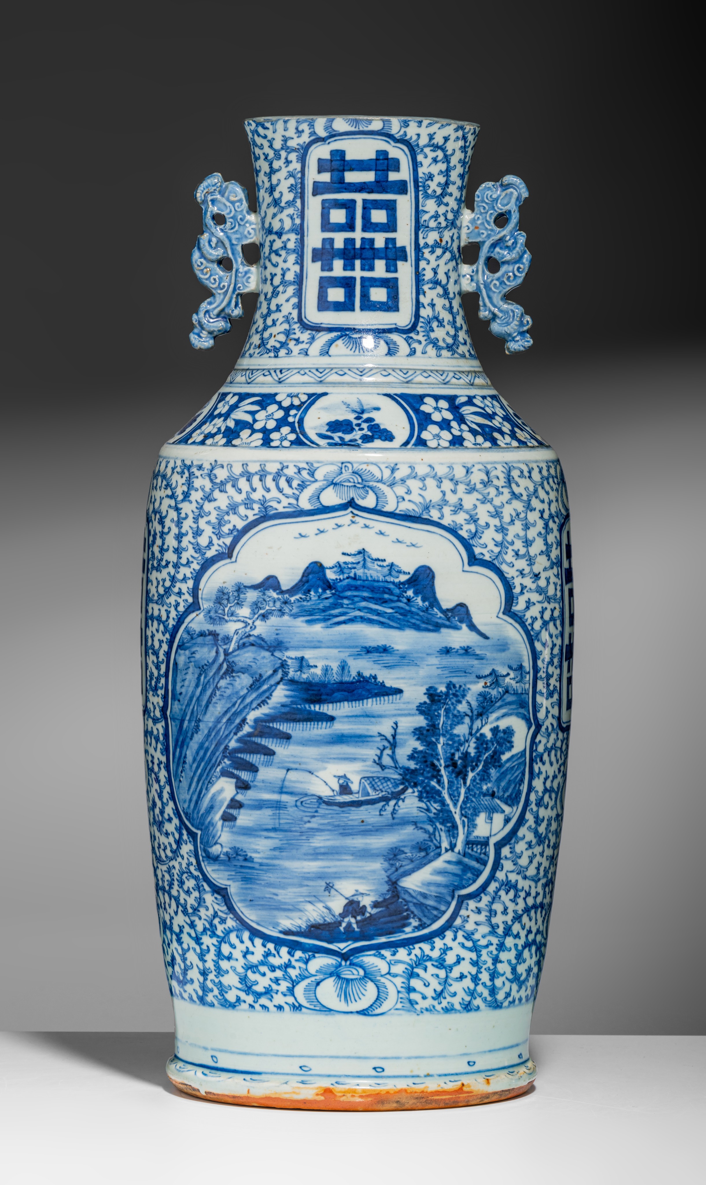 A Chinese gilt on blue ground bottle vase with mounts, 19thC, H 43 cm - and a blue and white 'Double - Image 4 of 12