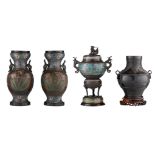 A collection of three Japanese champlevé enamelled bronze ware and a Japanese bronze vase, early 20t