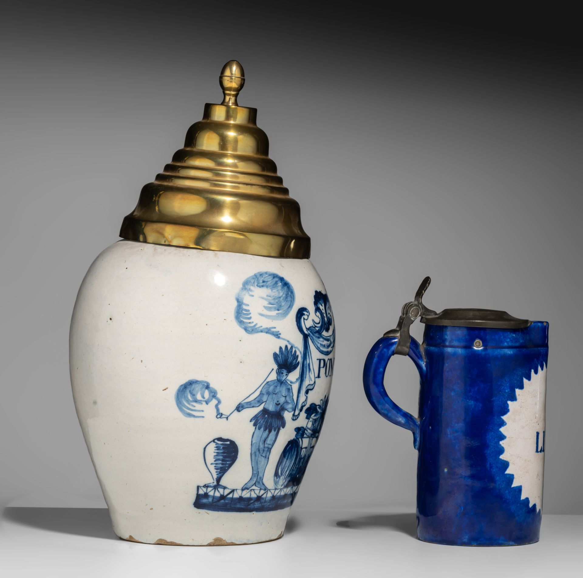 An 18thC Dutch Delft tobacco jar and an early 19thC Brussels one-litre jar, H 21,5 - 39 cm - Image 5 of 8