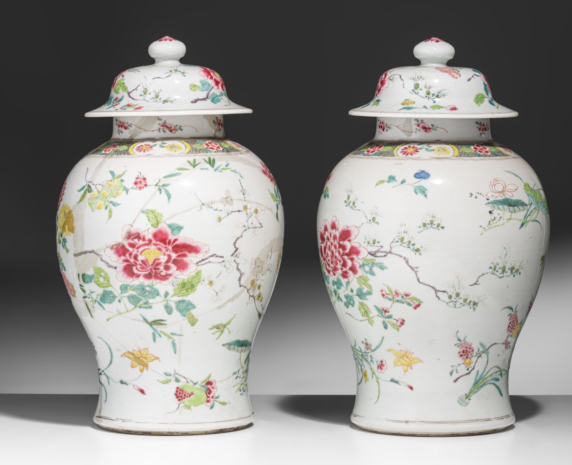 A pair of Chinese famille rose floral decorated covered vases, Yonghzeng period, H 42 cm - Image 5 of 9