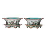 A pair of Chinese famille rose and turquoise enamelled hexagonal jardinières and stands, marked Shen
