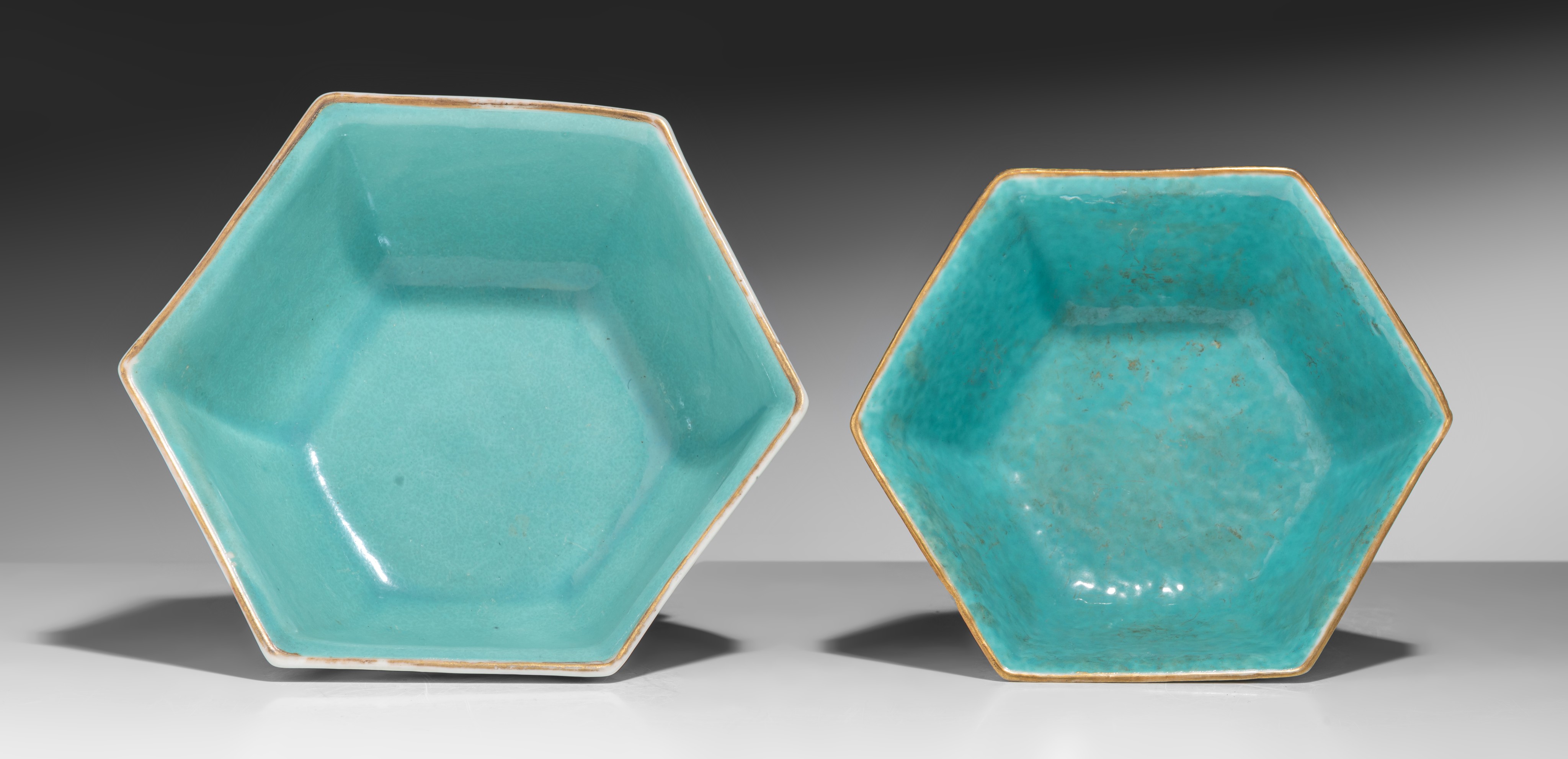 Two Chinese famille rose 'Figural' hexagonal footed bowls, the inside turquoise glazed, both marked - Image 6 of 9