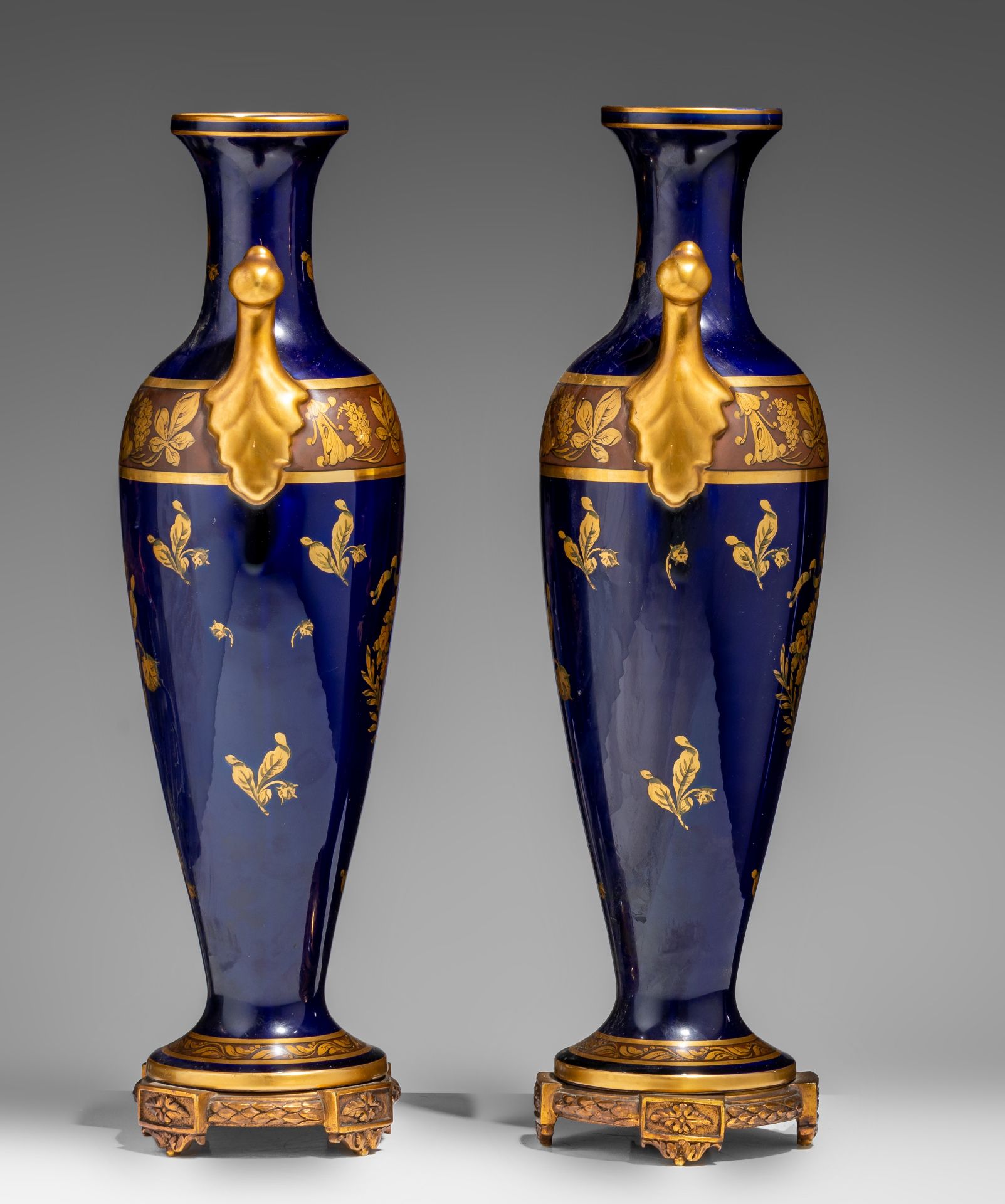 A pair of blue Royal ground and gilt decorated oblong Sevres-type vases, H 49,5 cm - Image 5 of 7