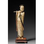 A Chinese carved and polychrome painted Peking-ivory figure of a jolly opium smoker, in 17thC style,