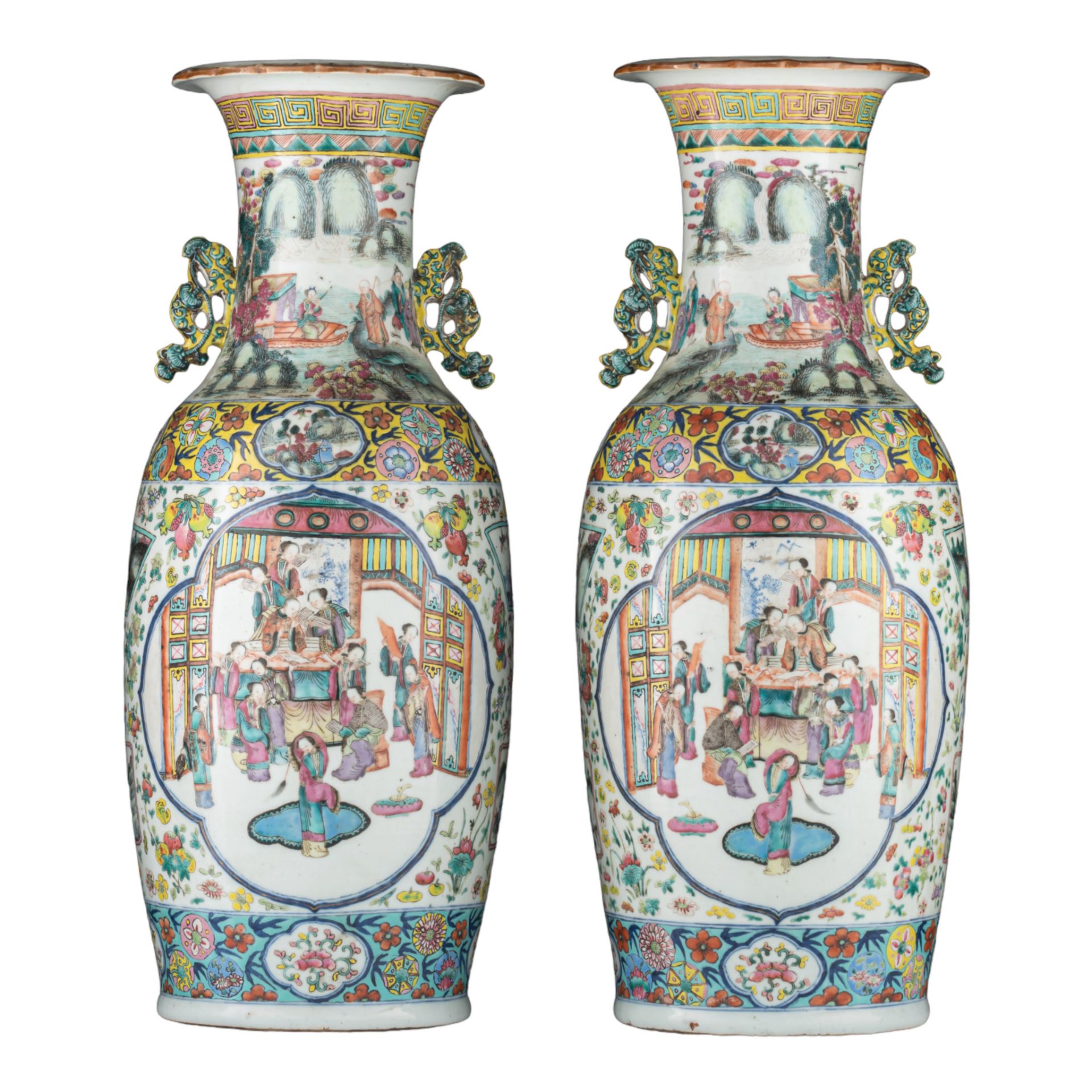A pair of Chinese famille rose 'Court scene' vases, paired with lingzhi handles, 19thC, H 61 cm