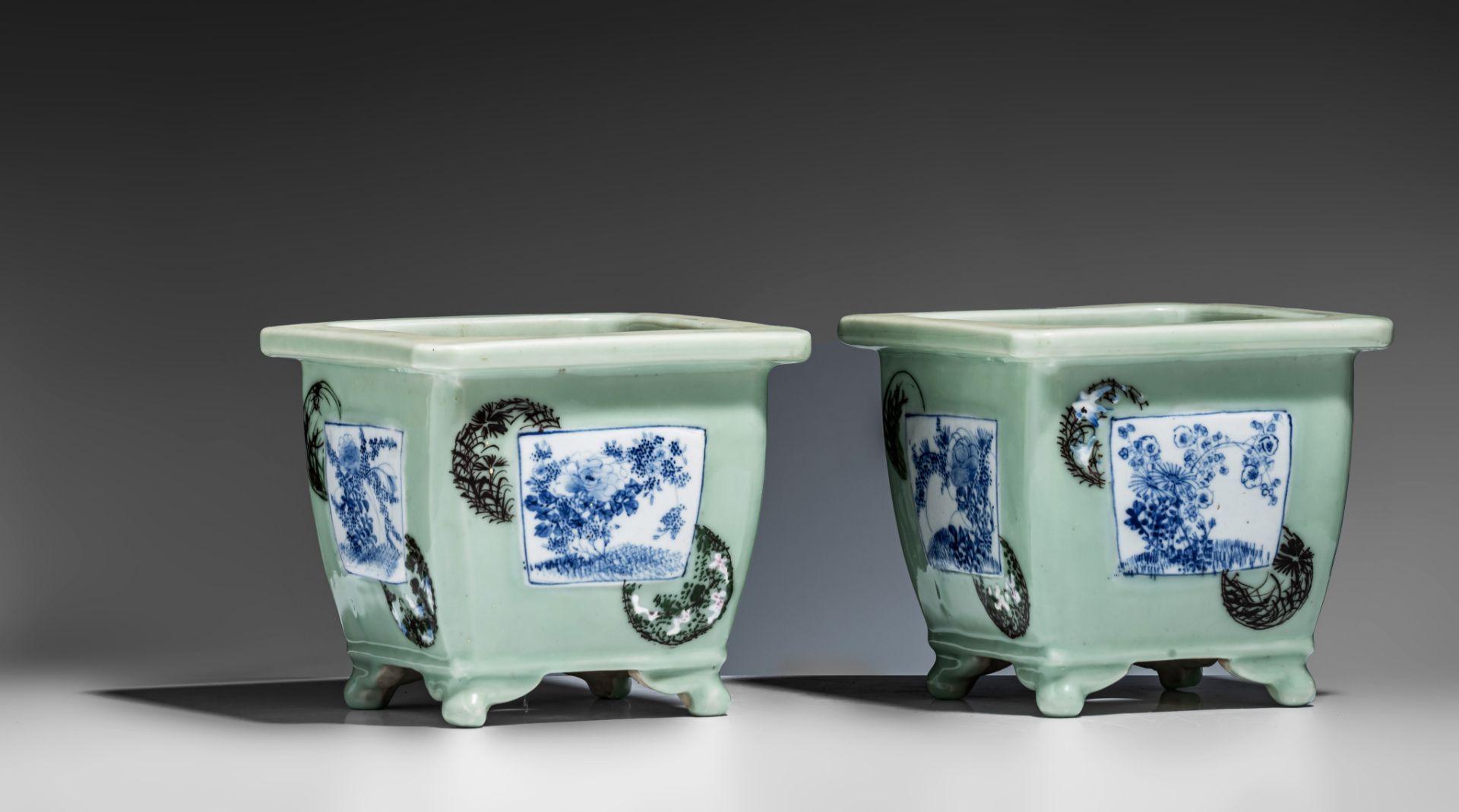 Two Japanese celadon ground planters, late Meiji/ early Taisho period, 17,5 x 17,5 cm - H 15,5 cm - Image 2 of 8