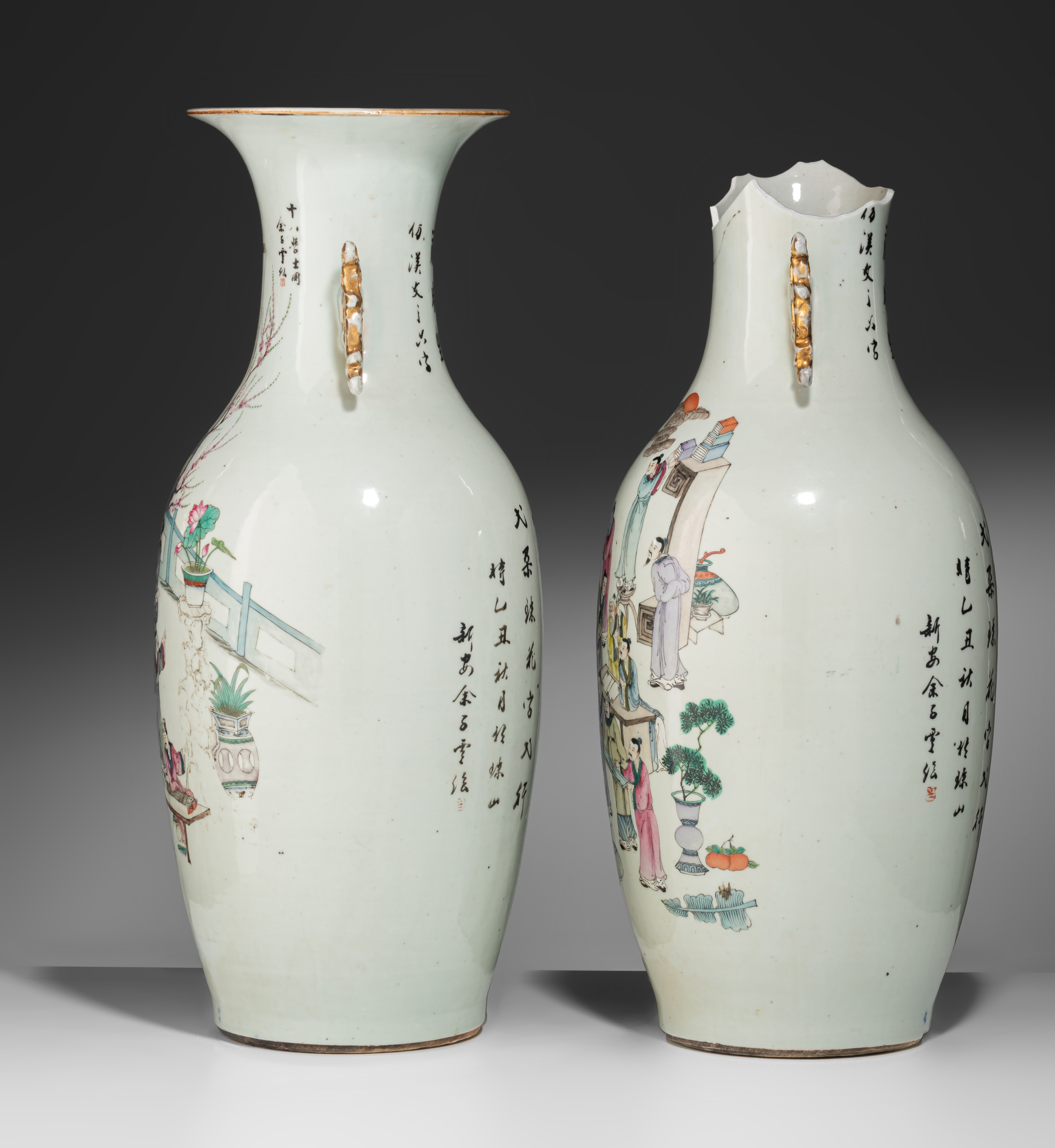 A pair of Chinese Qianjiangcai 'Scholars' vases, paired with lingzhi handles, Republic period, H 58 - Image 3 of 7