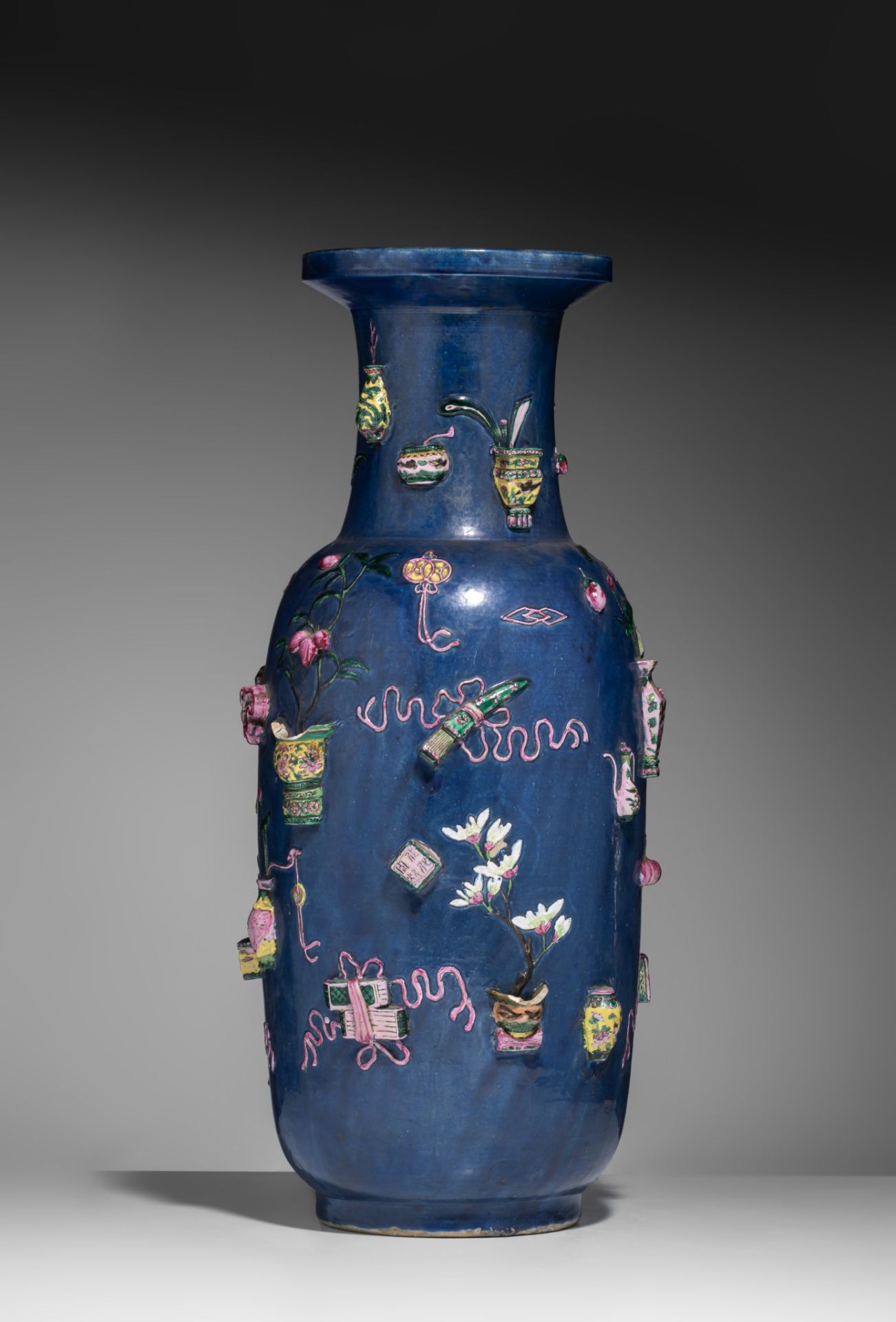 A Chinese blue ground 'One Hundred Treasures' vase, 19thC, H 60,8 cm - Image 4 of 10