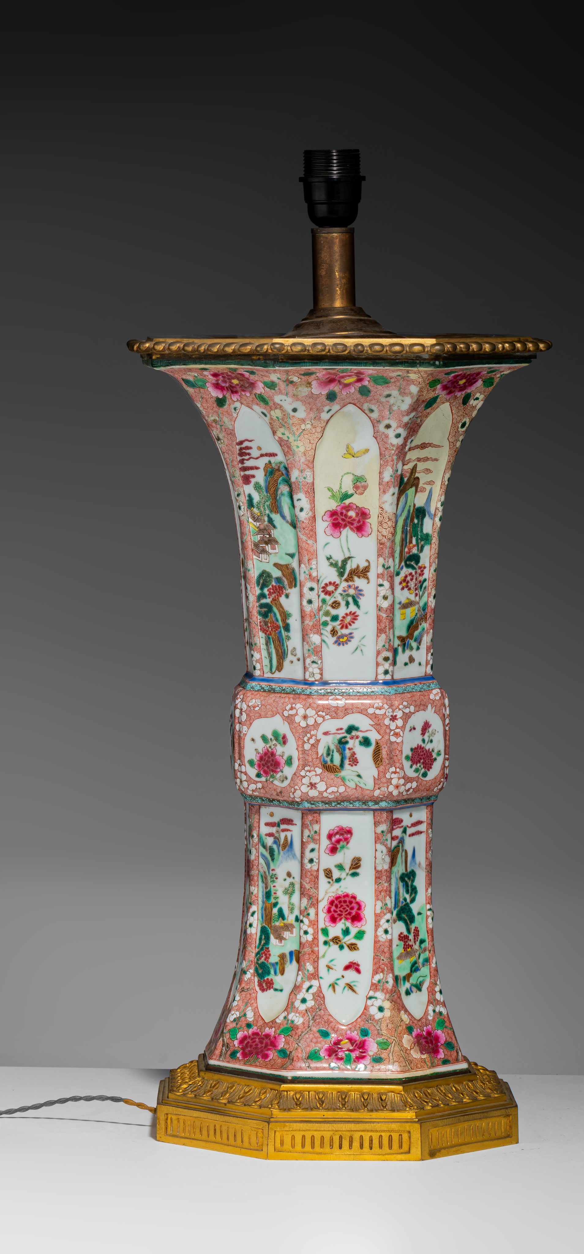 A large Chinese famille rose faceted Gu-shaped beaker vase, mounted as a lamp, Yongzheng/early Qianl - Image 6 of 7