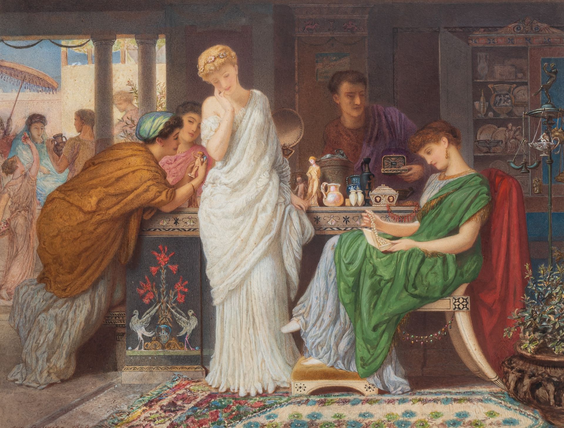 Augustus Jules Bouvier (1825-1881), antique beauties at the merchant, 1869, watercolour, 38 x 50 cm