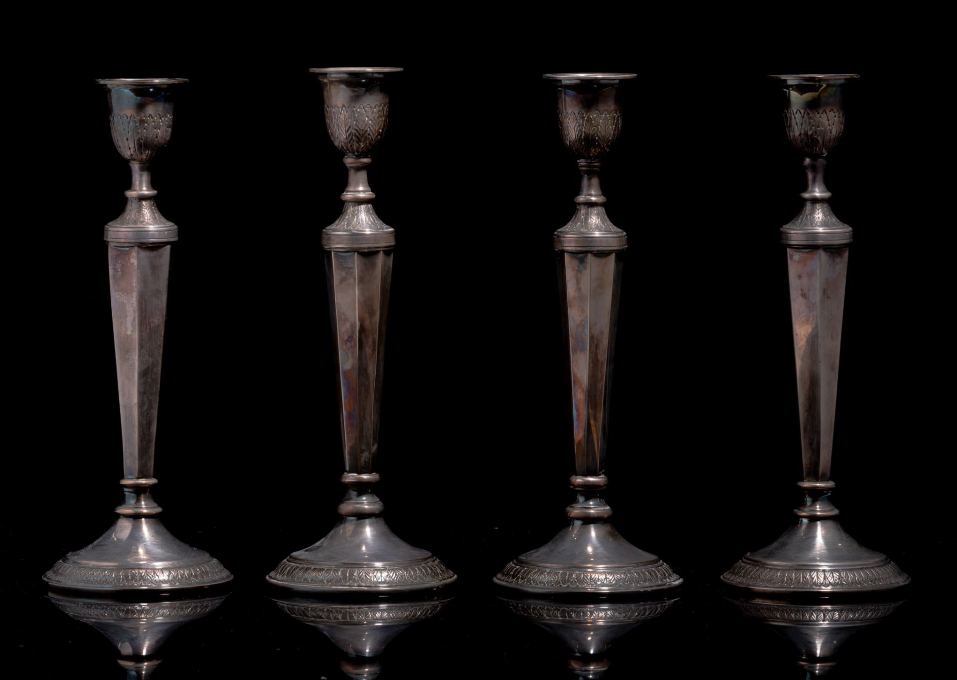 A set of four Neoclassical silver candlesticks by Albert Charlent, Brussels, 20thC, 835/000 H 32,5 - - Bild 2 aus 11