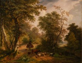 Pierre Hellemans (1787-1845), wooded landscape with shepherd and cattle, oil on panel, 57 x 72 cm