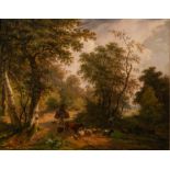 Pierre Hellemans (1787-1845), wooded landscape with shepherd and cattle, oil on panel, 57 x 72 cm