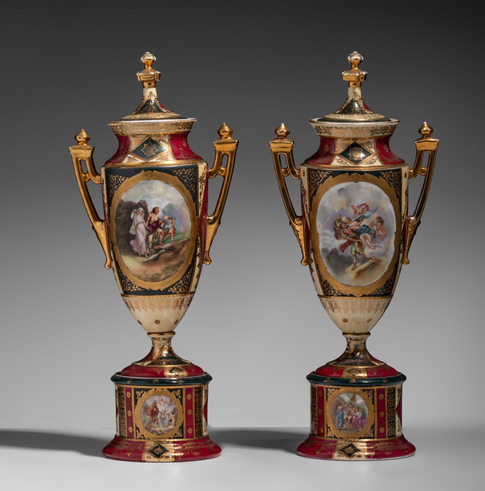 A fine pair of Vienna porcelain oblong vases with mythological scenes, marked, H 42,5 cm - Image 2 of 13