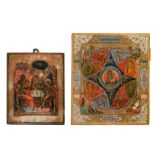 Two Russian icons depicting the Holy Trinity and the Burning Bush, 19th - 20thC, 19,5 x 24,5 - 27 x