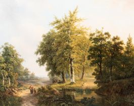 Hendrik Verpoeken (1791-1869), wooded landscape with figures near a pond, oil on canvas, 66 x 83 cm