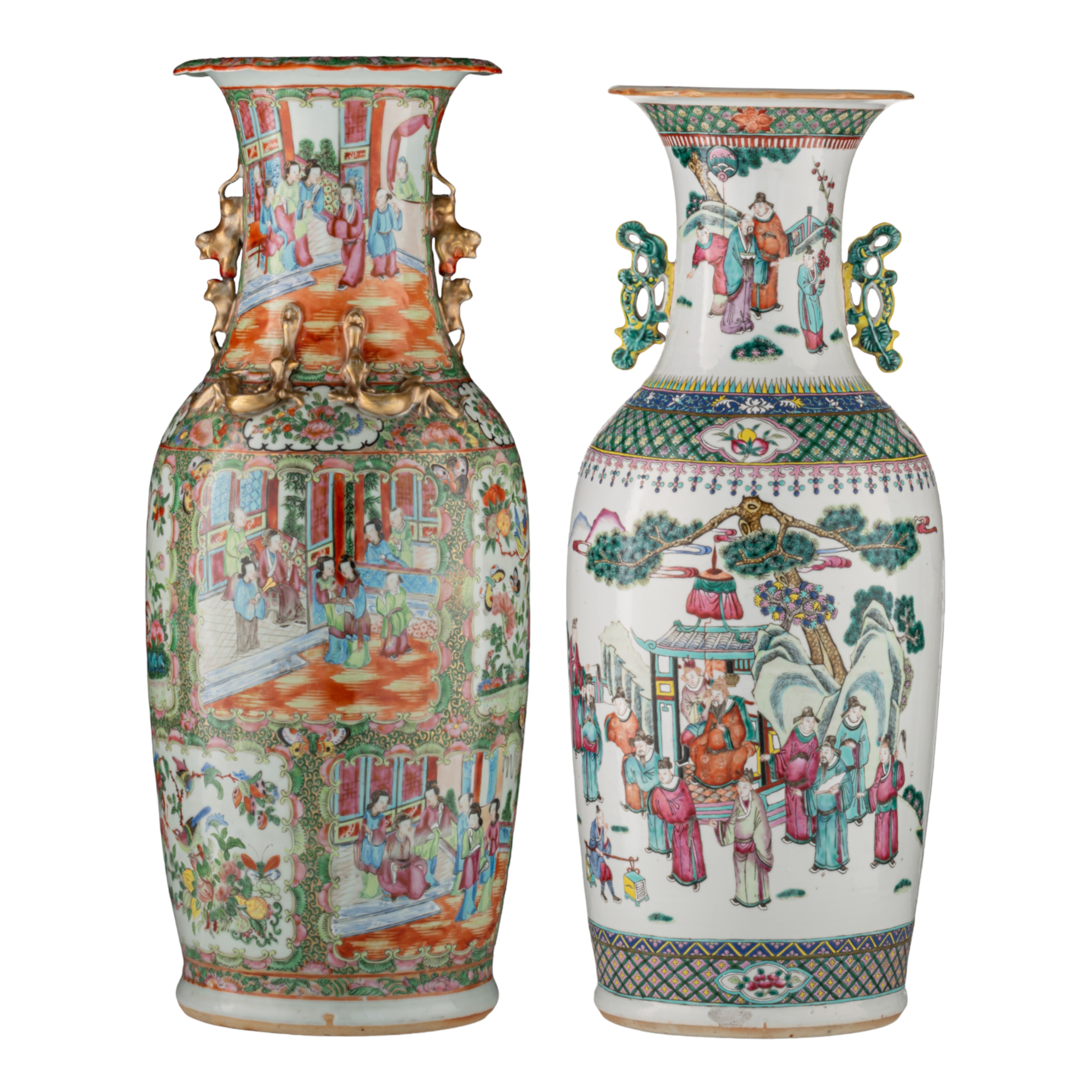 A Chinese Canton famille rose vase, H 62,5 cm - and a Chinese famille rose double-sided decorated va