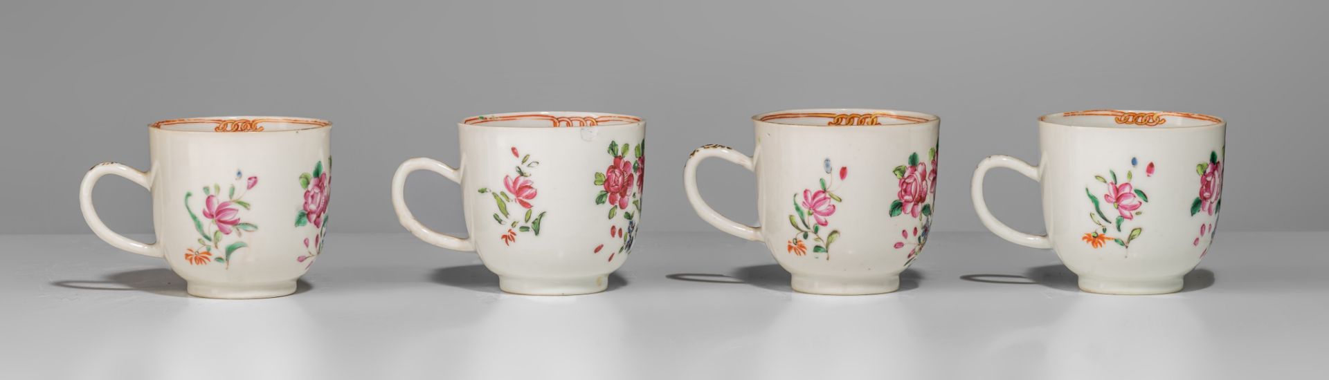A collection of famille rose and gilt decorated export porcelain ware, 18thC, largest - H 12,5 - 34, - Image 15 of 20
