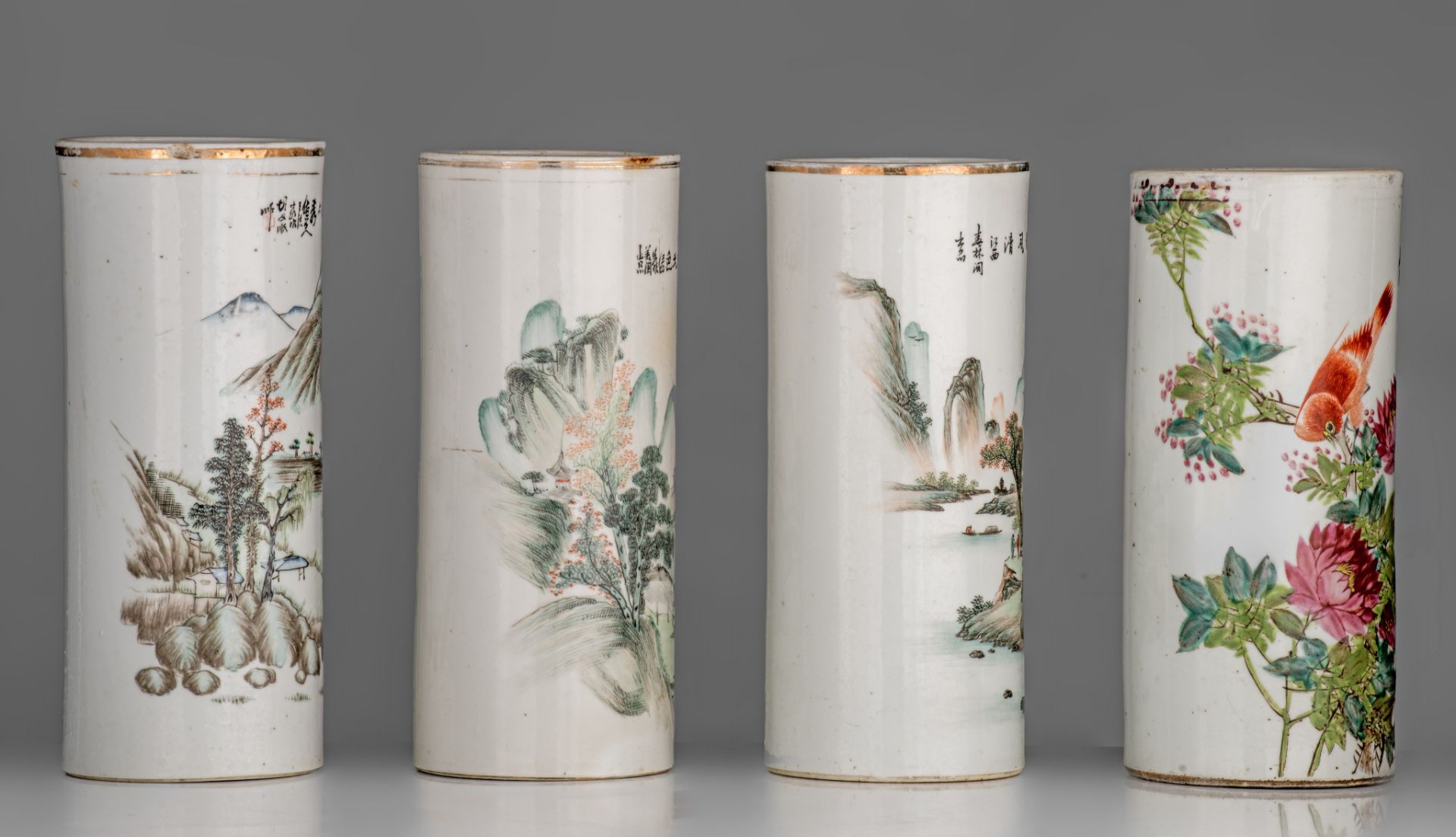 A collection of four Chinese Qianjiangcai cylindrical vases, each with a signed text, Republic perio - Image 5 of 7