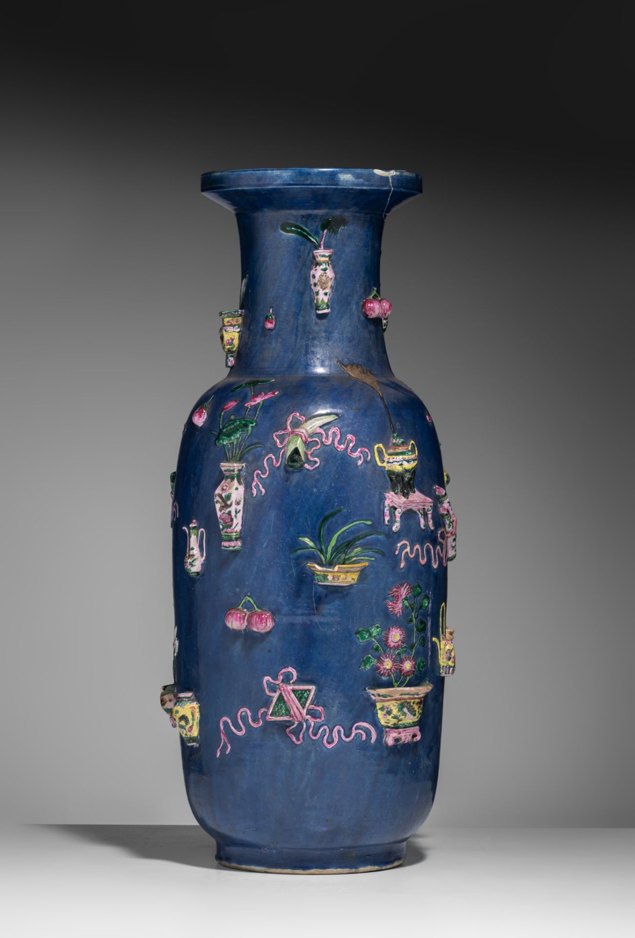 A Chinese blue ground 'One Hundred Treasures' vase, 19thC, H 60,8 cm - Image 5 of 10