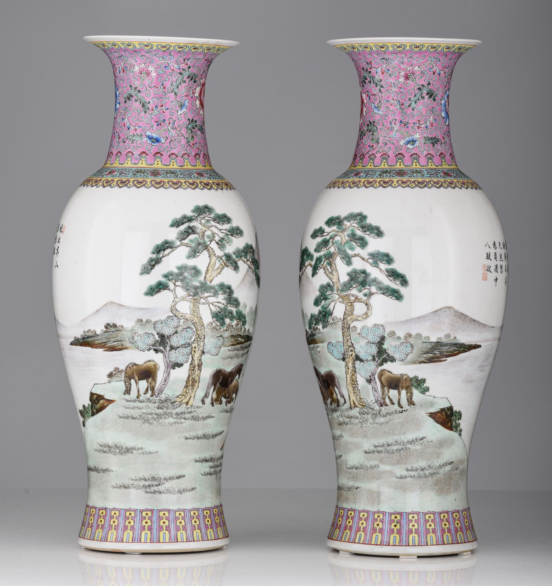 A pair of Chinese famille rose baluster vases, 20thC, H 61 cm - Image 3 of 8