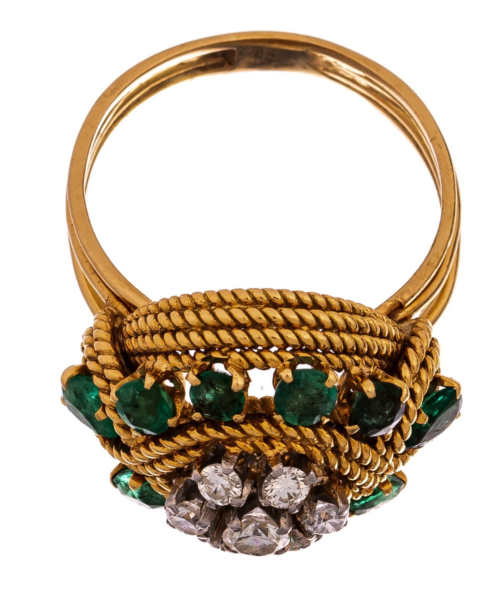 A ring in 18ct yellow braided gold, set with brilliant-cut diamonds and emeralds, 10,7 g - Image 4 of 5