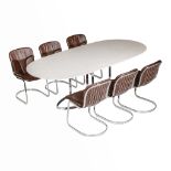 A Carrara marble dining table by Vittorio Introini with 6 matching brown leather Willy Rizzo chairs