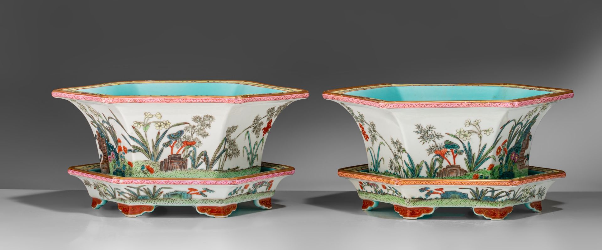 A pair of Chinese famille rose and turquoise enamelled hexagonal jardinières and stands, marked Shen - Image 3 of 12