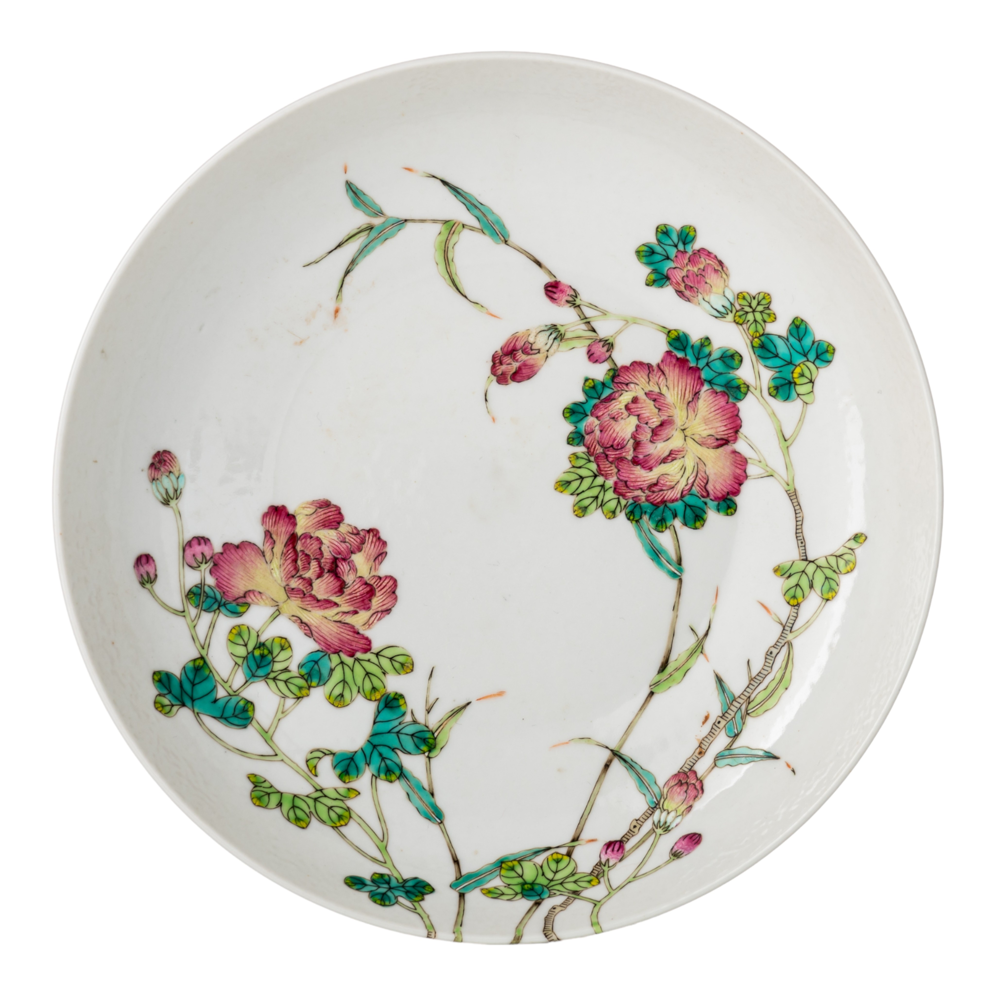 A Chinese famille rose 'Peony' dish, anhua marked Daoguang and possibly of the period, ø 19 cm