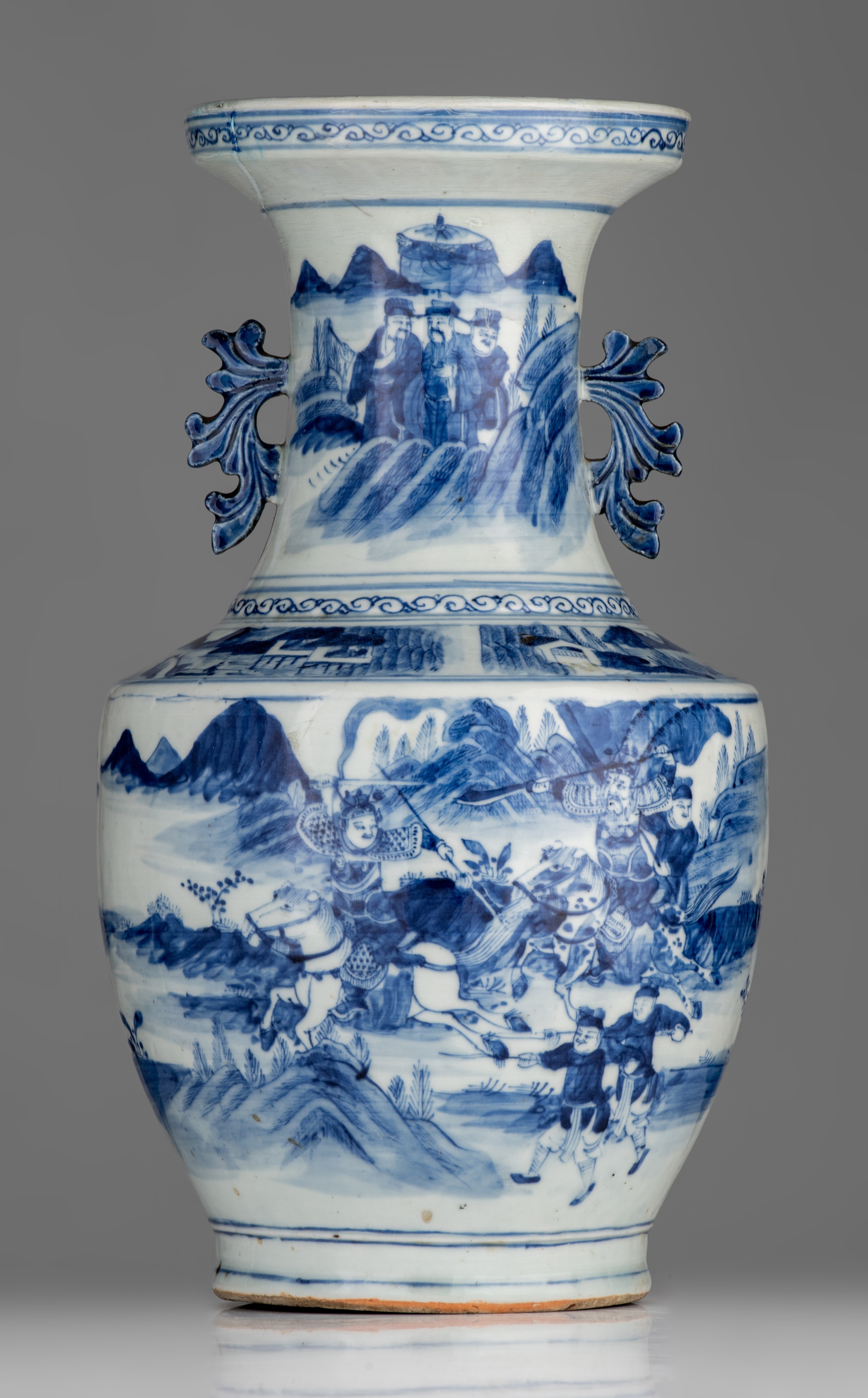 A Chinese blue and white Hu vase, paired with foliate handles, 19thC, H 44 cm - and a ditto jar, 19t - Image 2 of 13