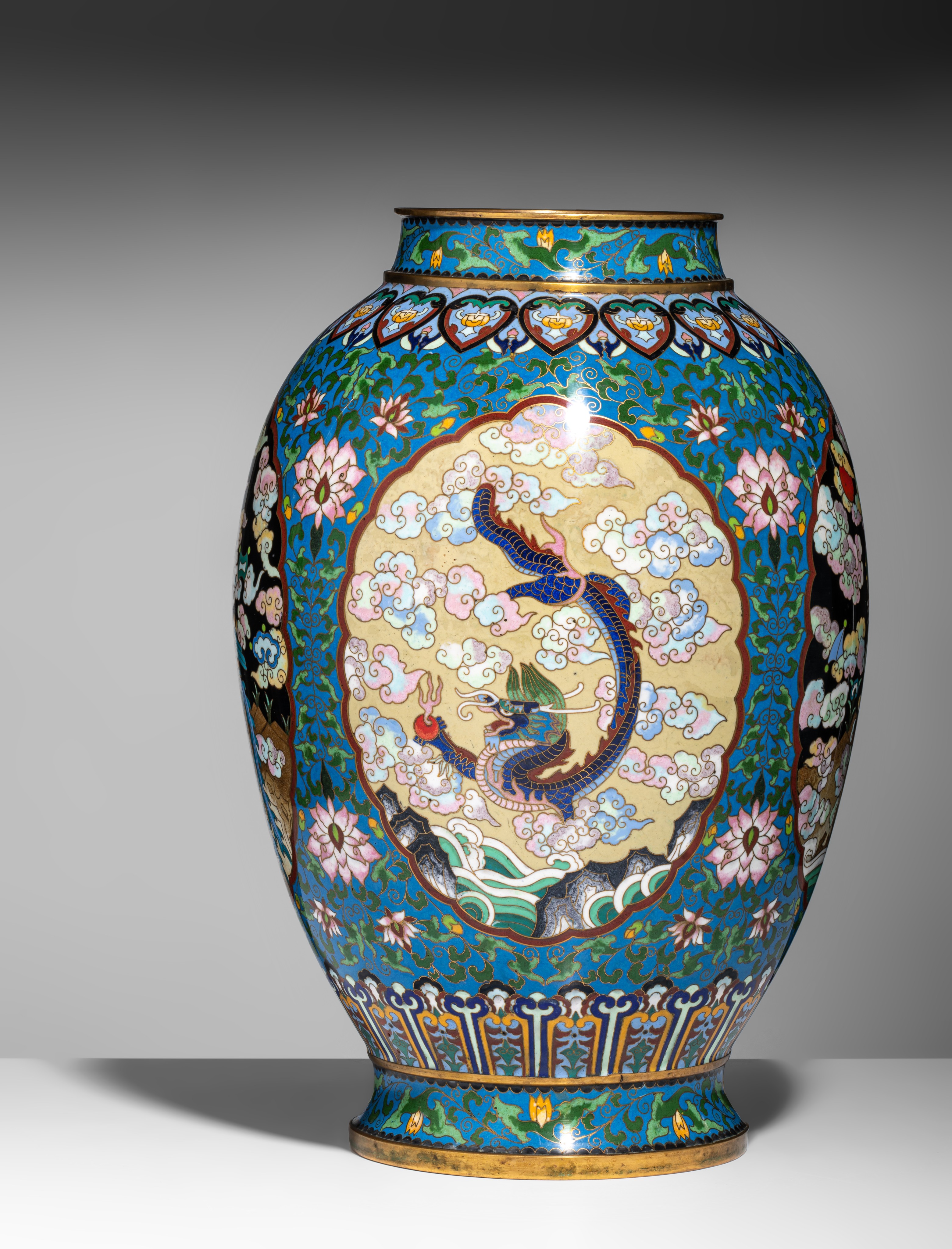 A Chinese cloisonné enamelled bronze vase, paired with dragon handles in gilt, with a Xuande mark, 2 - Image 6 of 11