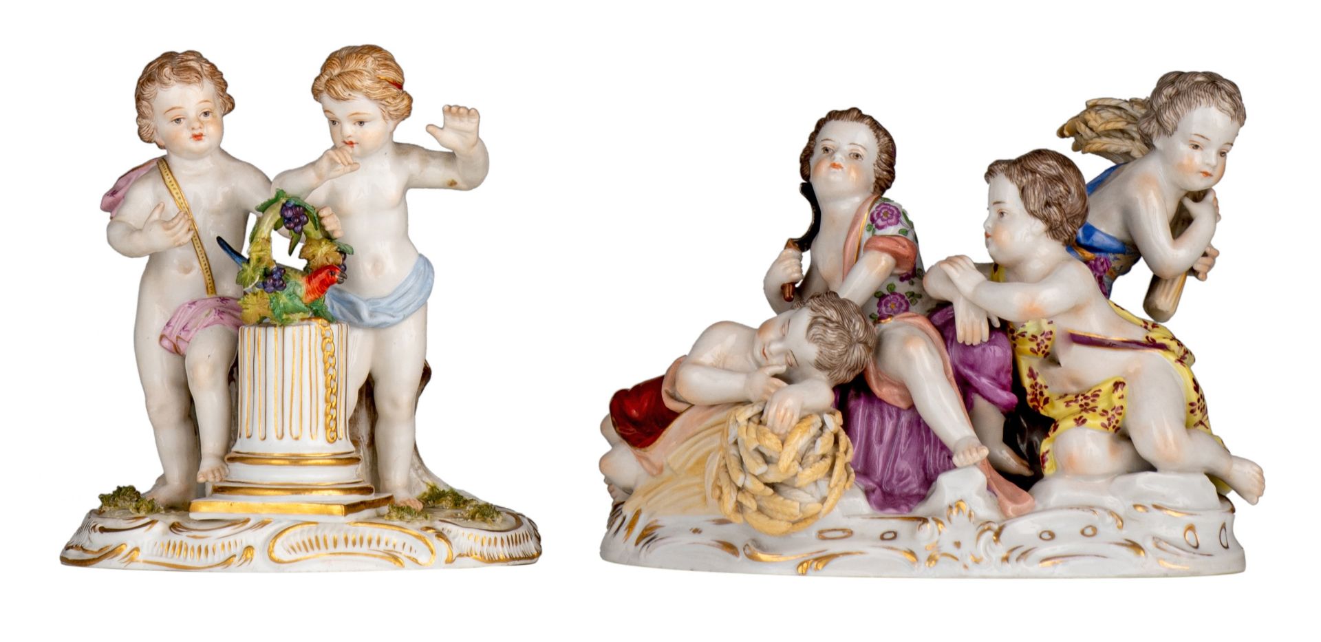 Two fine polychrome Saxony groups, marked Meissen and Rudolfstadt, 19thC, H 12 cm