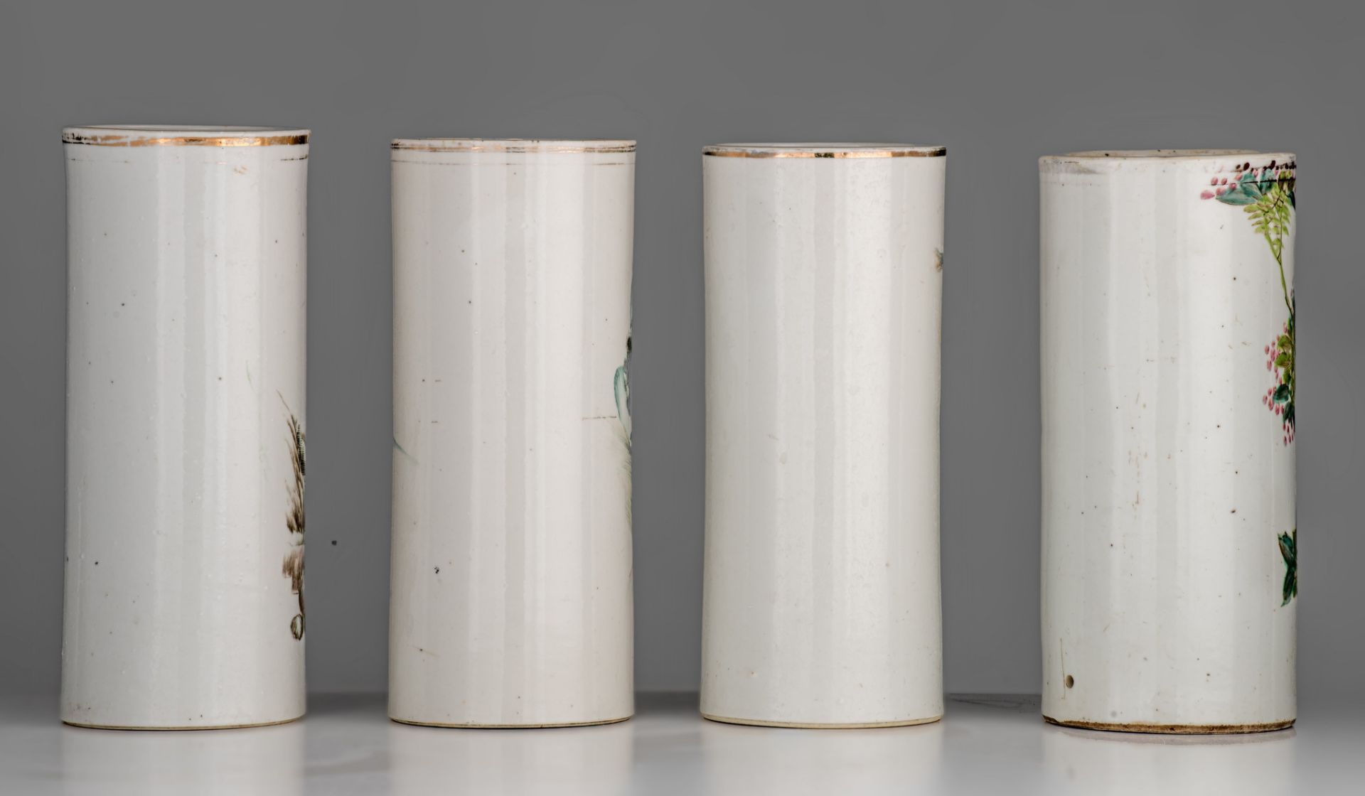 A collection of four Chinese Qianjiangcai cylindrical vases, each with a signed text, Republic perio - Image 4 of 7