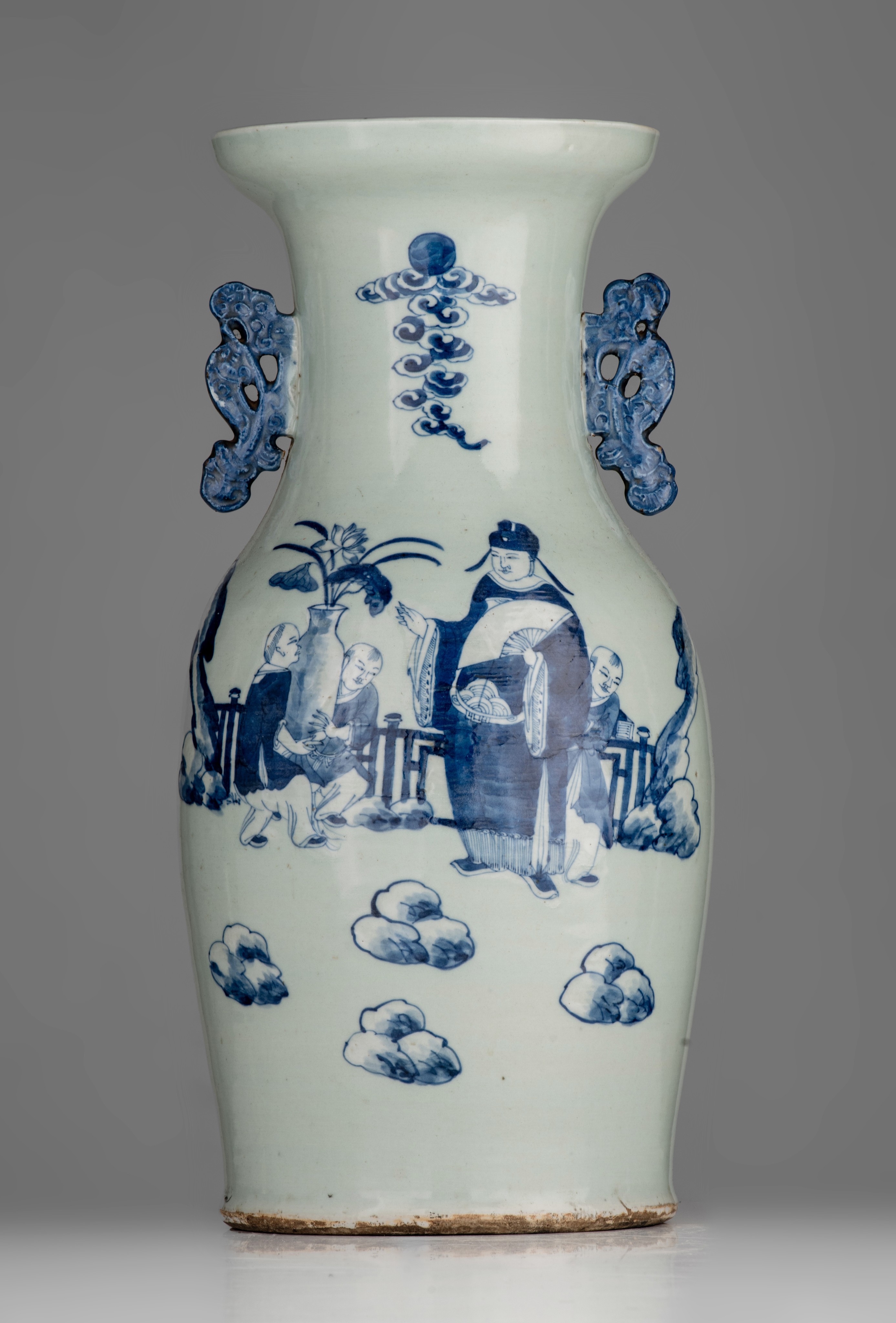 A Chinese famille rose 'cockerel' vase, Republic period, H 43,5 cm- and a blue and white on celadon - Image 2 of 13