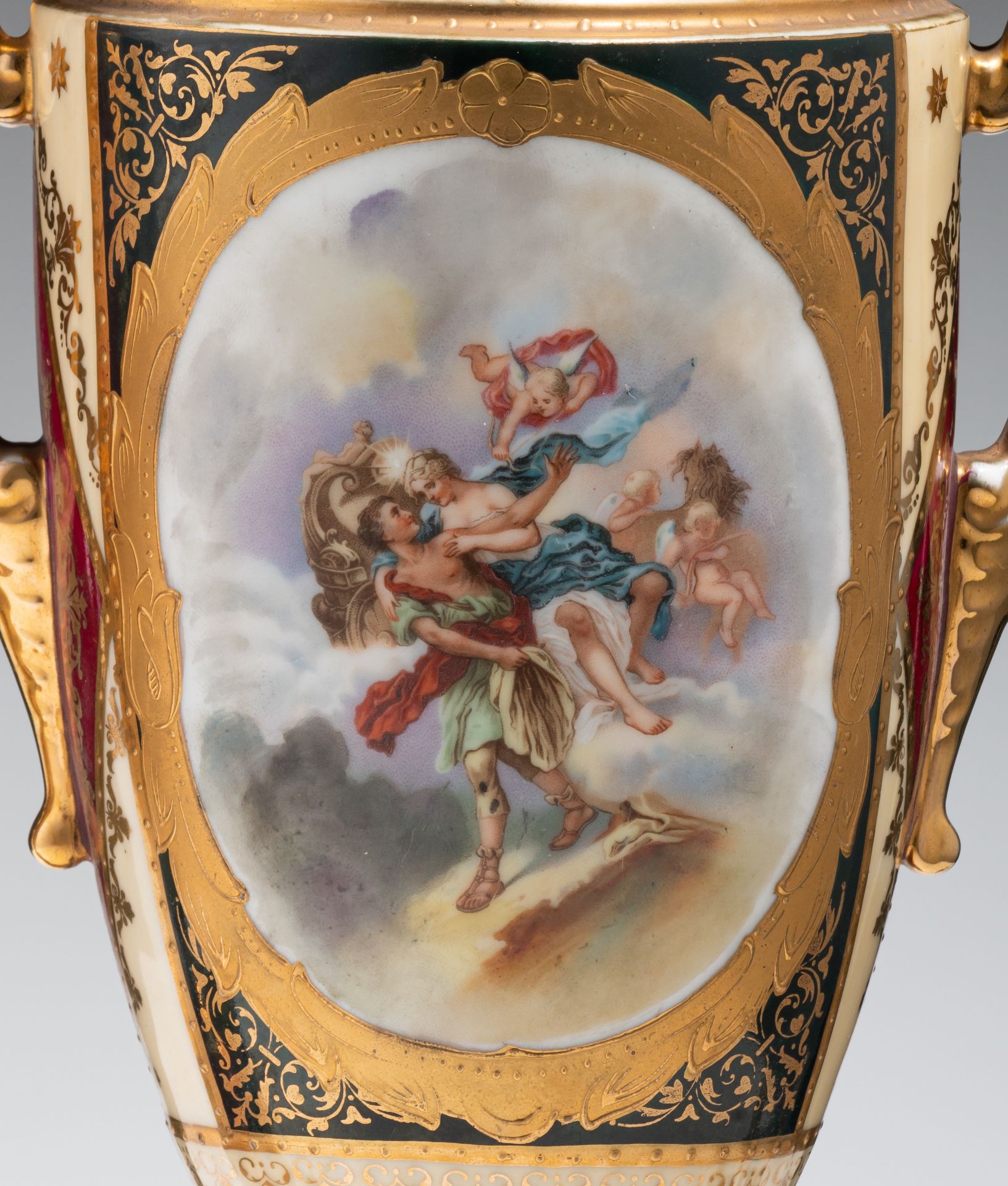 A fine pair of Vienna porcelain oblong vases with mythological scenes, marked, H 42,5 cm - Image 10 of 13
