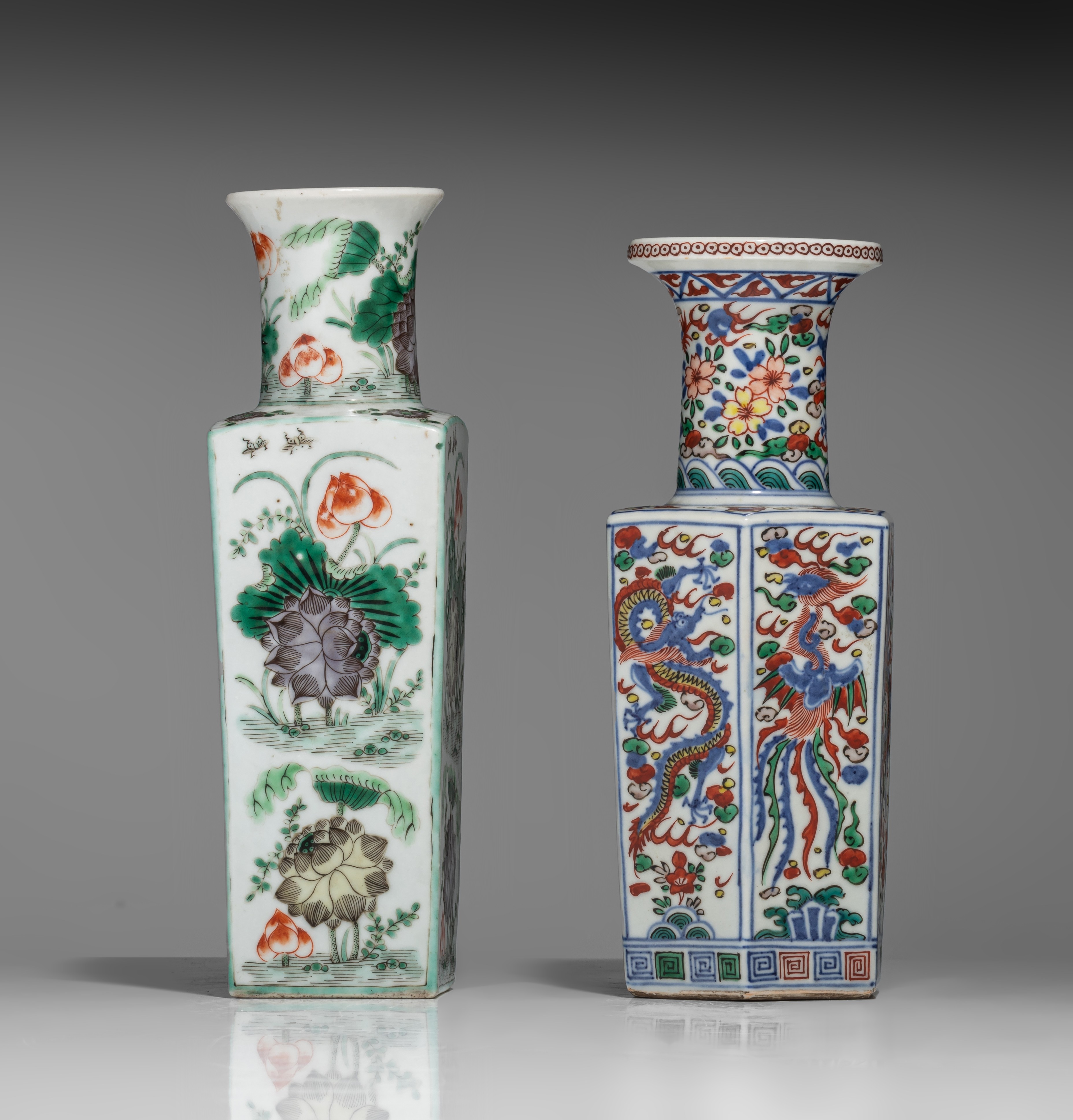 A Chinese famille verte fang hu vase, a wucai vase, blue and white small basin, all marked, 19thC an - Image 5 of 12