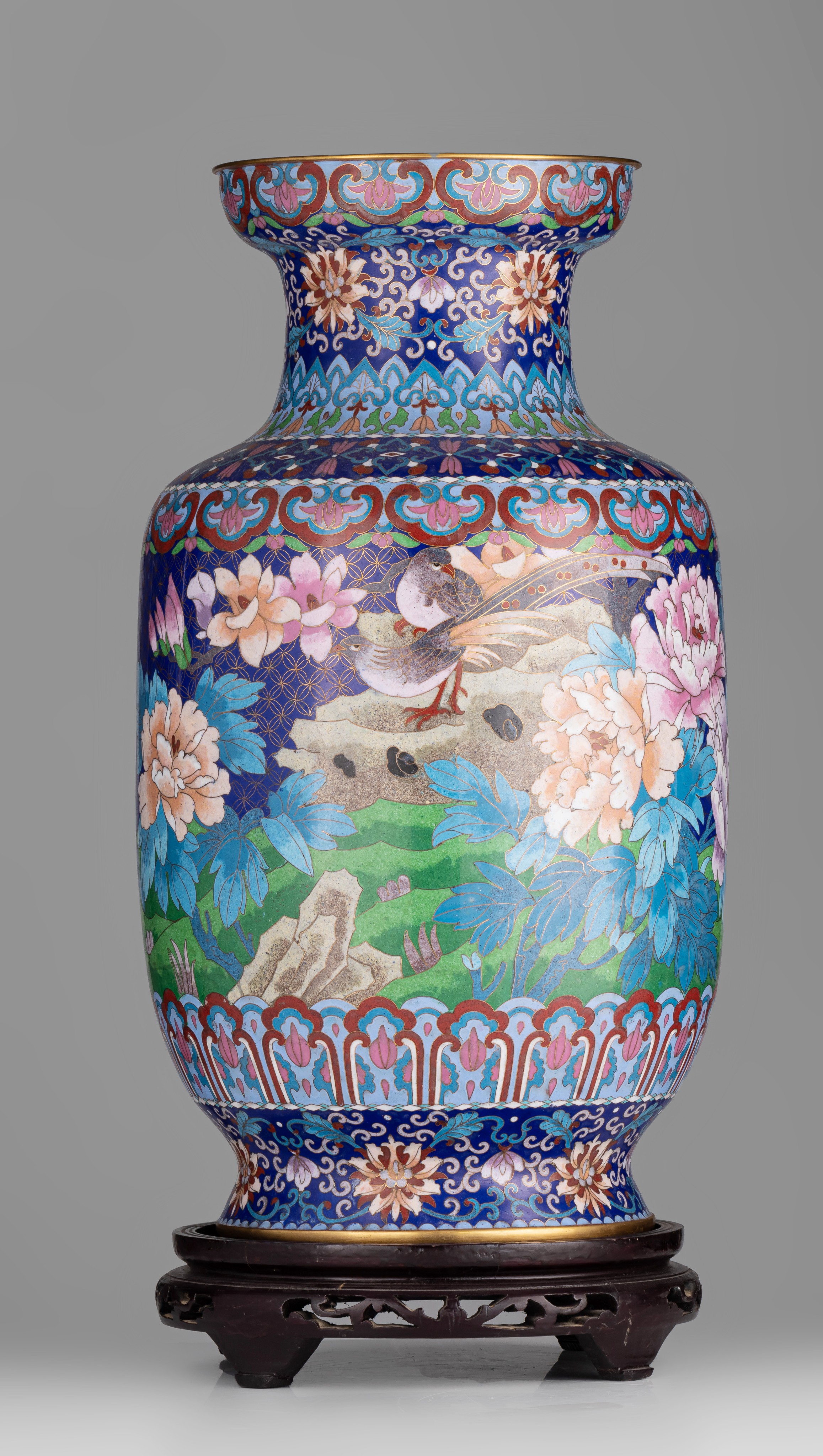 A pair of Chinese cloisonné enamelled 'Birds and peonies' bronze vases, 20thC, H 51,5 cm - Image 2 of 14