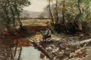 Alfred Bastien (1873-1955), the pleinairist at work, oil on canvas, 38 x 55 cm