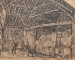 Constant Permeke (1886-1952), men working in the stable, charcoal drawing, 37 x 46 cm