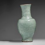 A Chinese carved Longquan celadon vase, Ming dynasty, H 39,5 cm