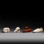 Two ivory netsuke and two ditto okimono, 19th/early 20thC, 25g - 16g - 44g - 24g (+)