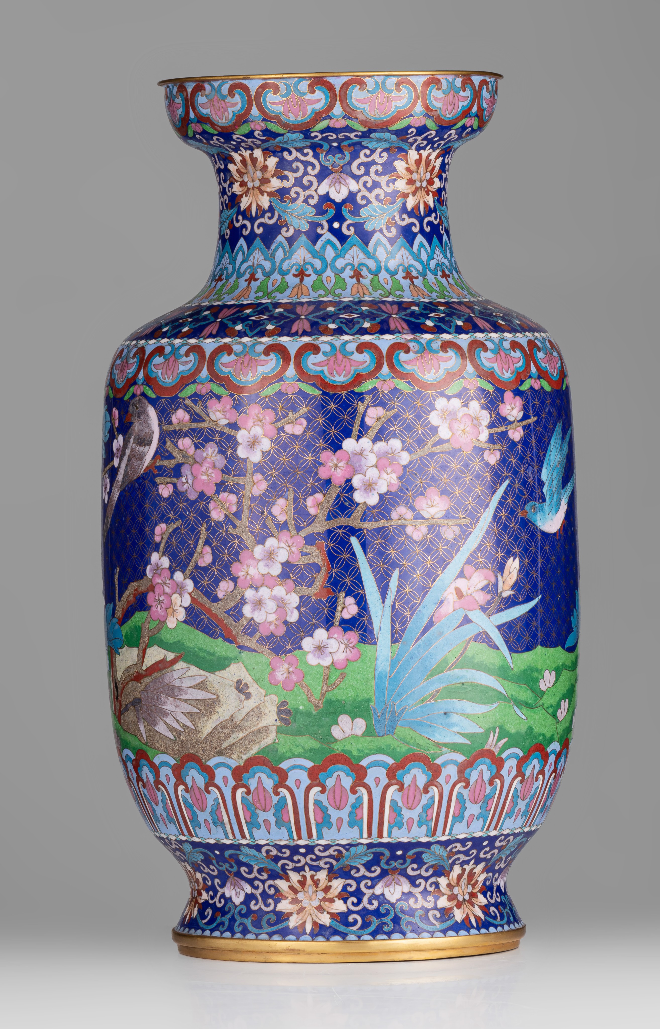 A pair of Chinese cloisonné enamelled 'Birds and peonies' bronze vases, 20thC, H 51,5 cm - Image 5 of 14