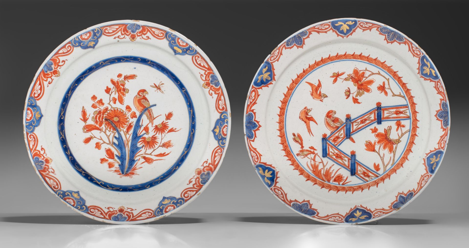 A various collection of 17th/18thC Dutch Delft Imari-style plates and a saucer, ø 22 / H 6 cm - Image 4 of 14