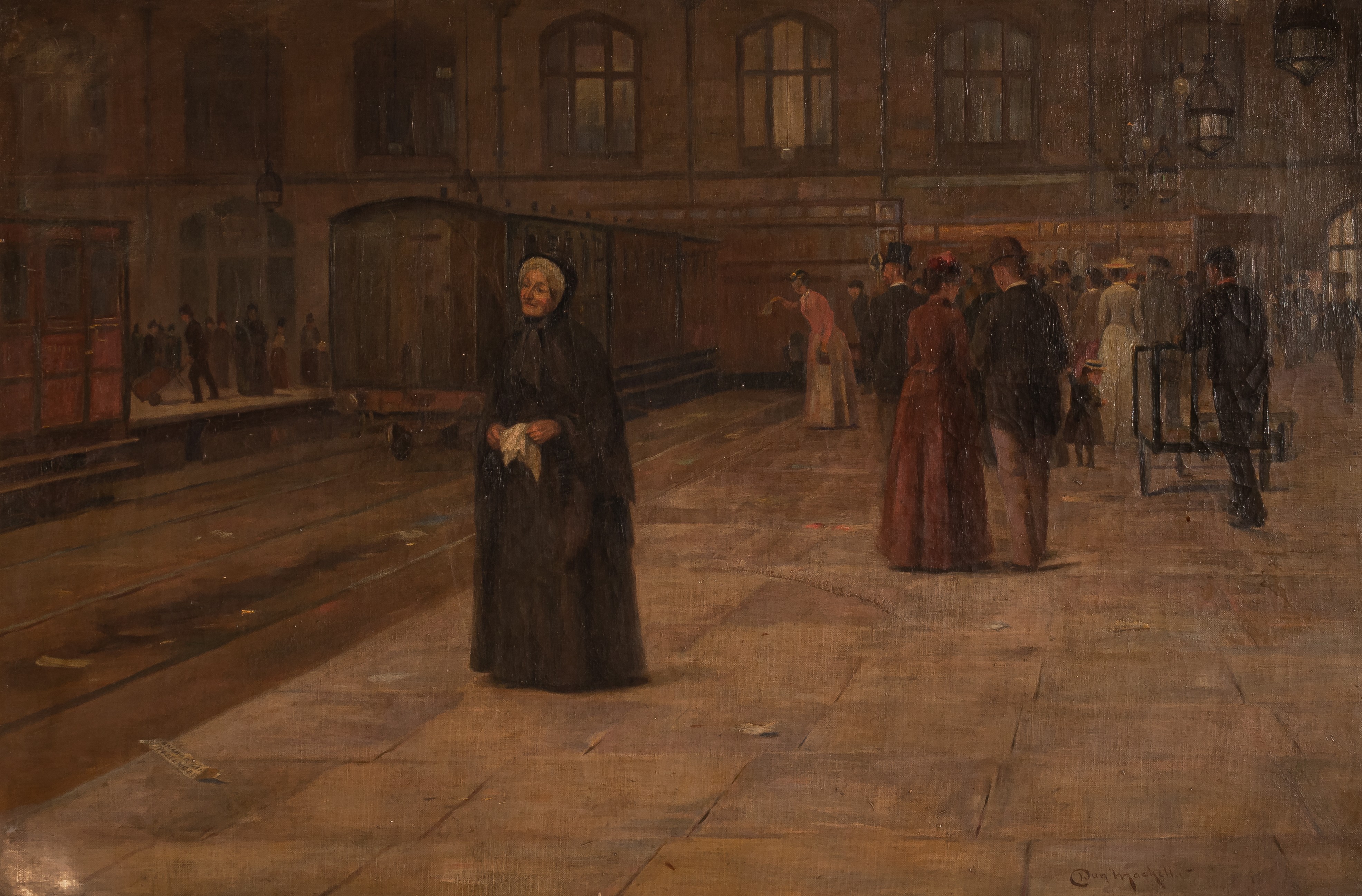 Duncan Mackellar (1849-1908), train passengers waiting on the platform, oil on canvas, 68 x 92 cm